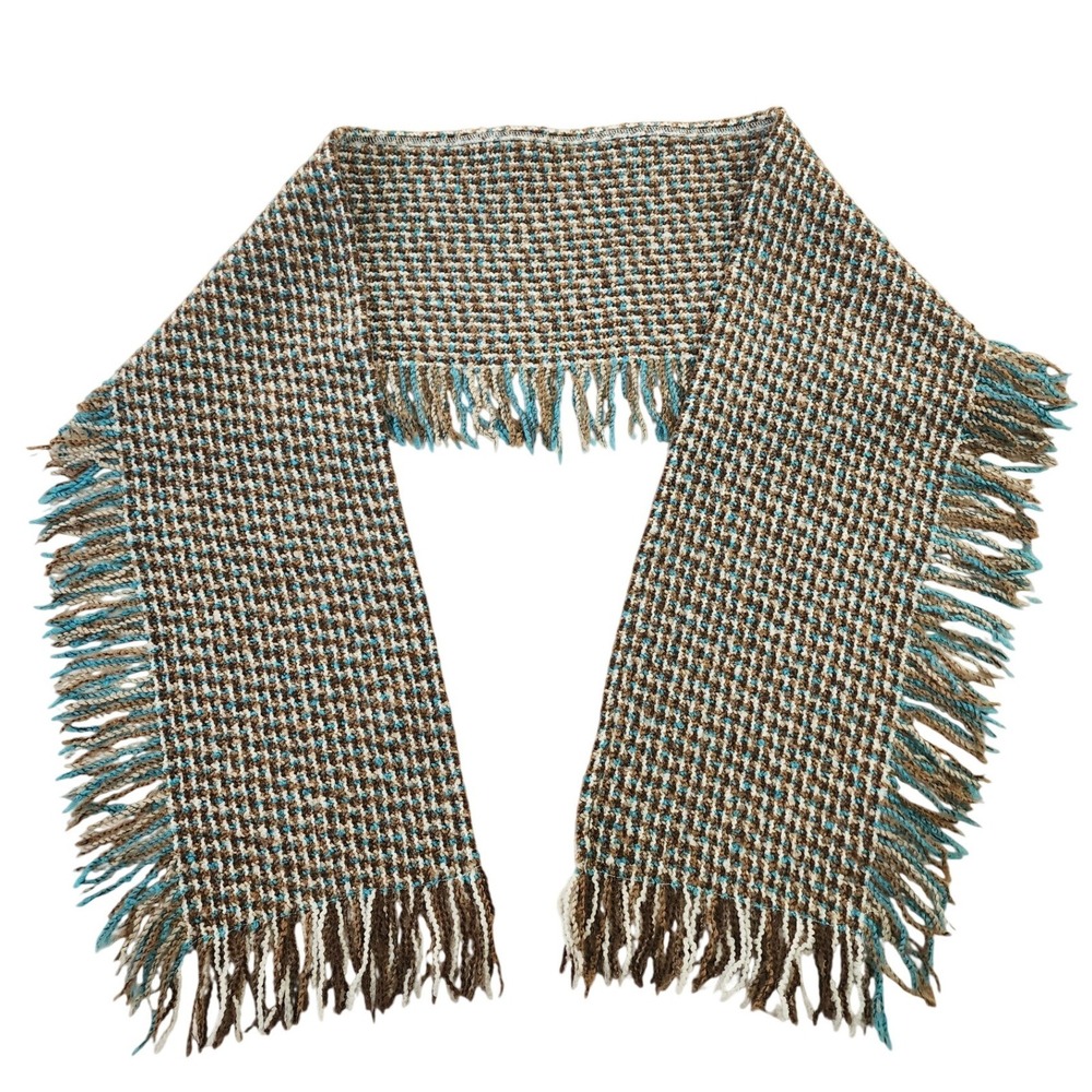 Boyne Valley Weavers Ireland Wool Alpaca Scarf Brown Turquoise Blue Fringe Knit